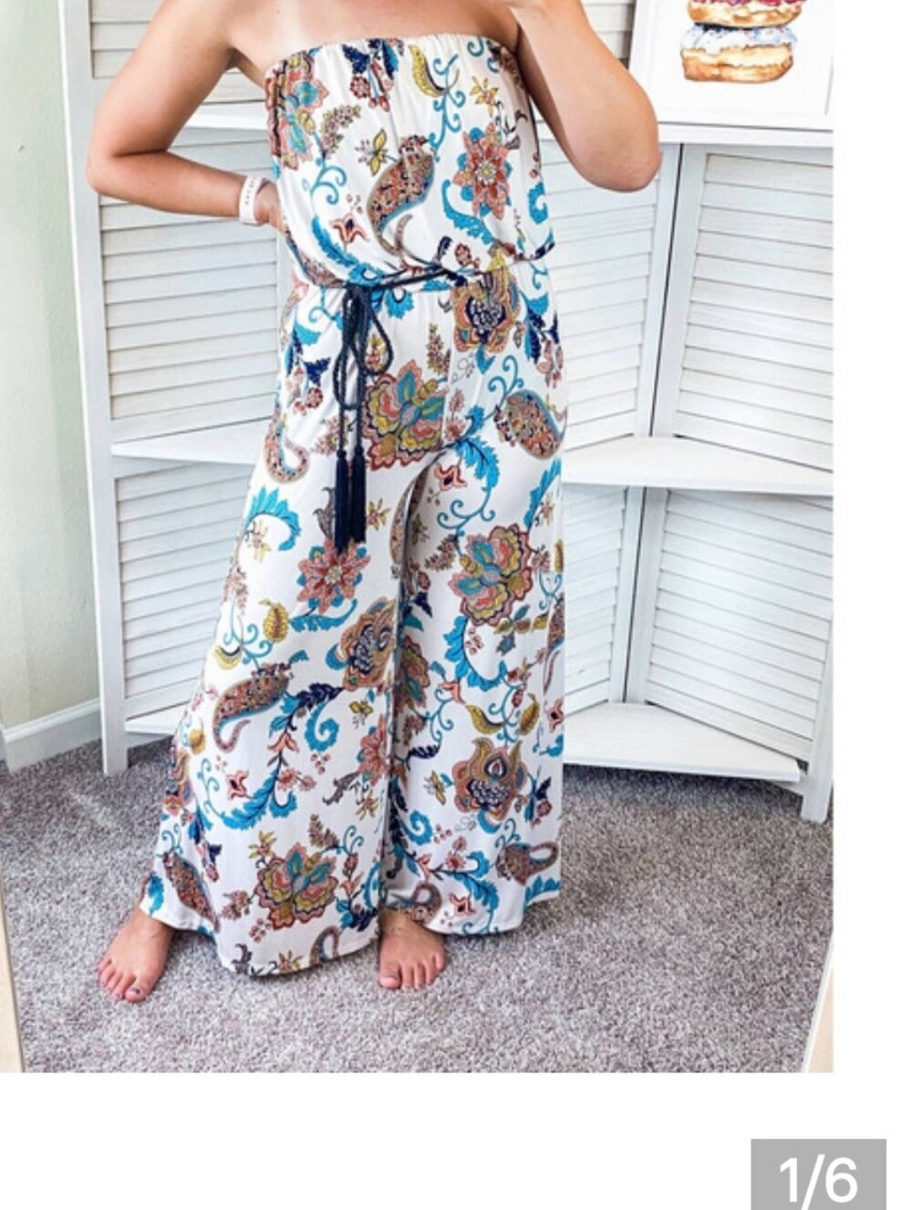 Ariella Strapless Floral Paisley Wide Leg Jumpsuit White Turquoise